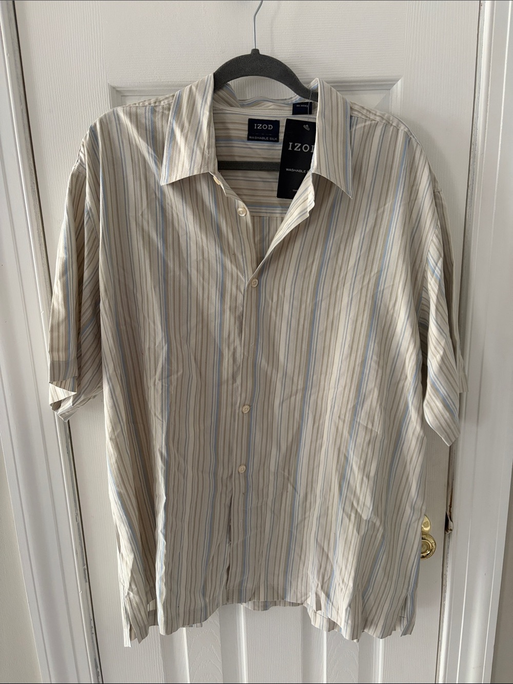 Izod Men’s Beige Button-Down Shirt with Blue and Tan Stripes